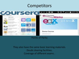 Competitors
Points of Parity
They also have the same basic learning materials.
Doubt clearing facilities.
Coverage of different exams .
 