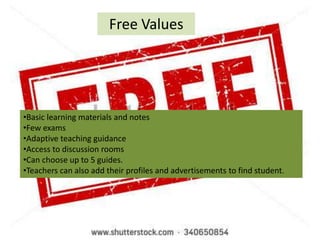 Free Values
•Basic learning materials and notes
•Few exams
•Adaptive teaching guidance
•Access to discussion rooms
•Can choose up to 5 guides.
•Teachers can also add their profiles and advertisements to find student.
 