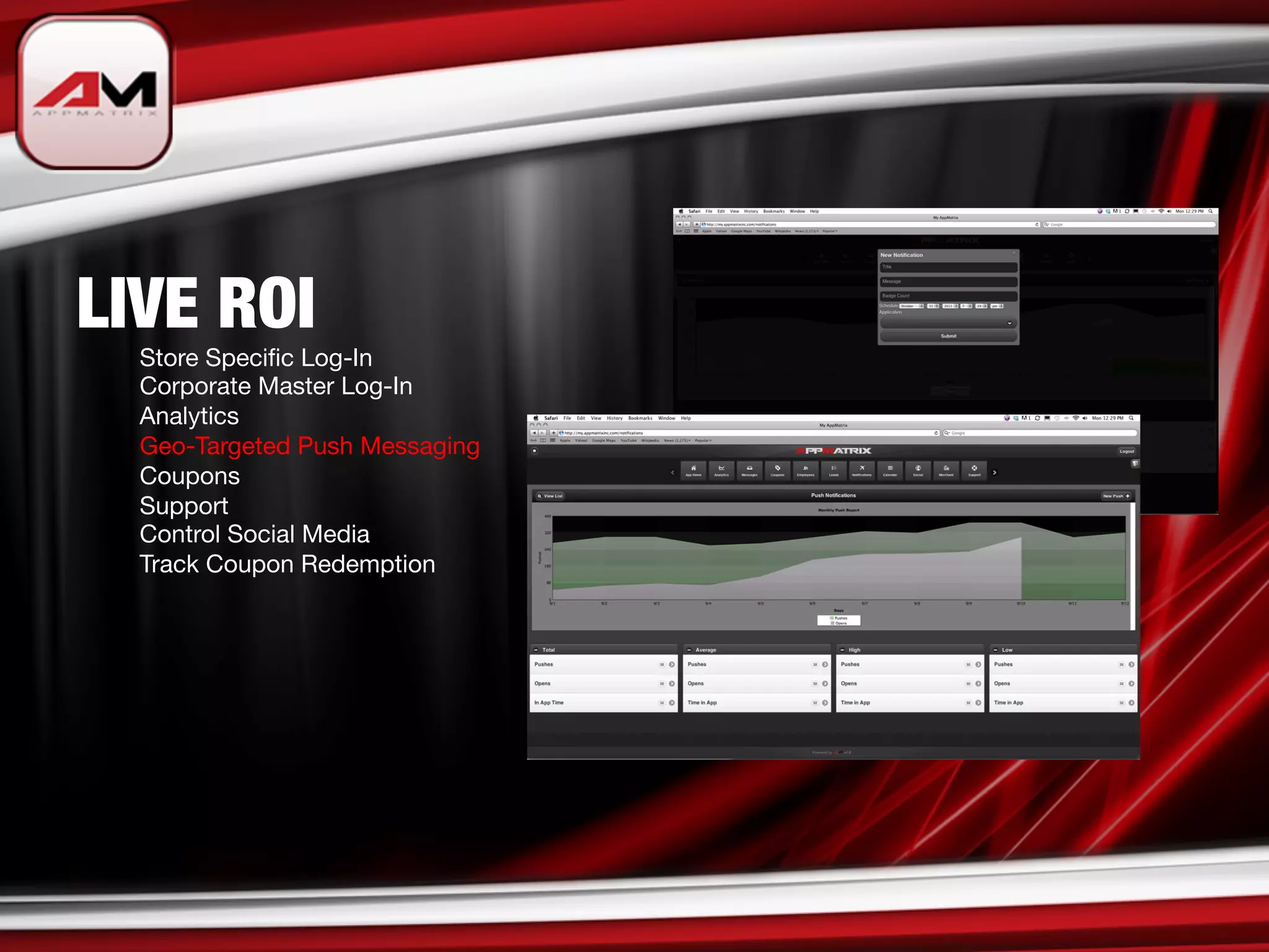 LIVE ROI

   
Store Speciﬁc Log-In

   
Corporate Master Log-In

   
Analytics

   
Geo-Targeted Push Messaging

   
Coupons

   
Support

   
Control Social Media

   
Track Coupon Redemption 
 