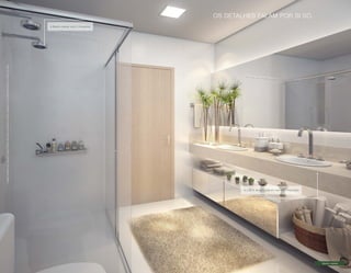 Imagens ilustrativas com sugestão de layout. Móveis, decoração e acabamento a serem entregues conforme Memorial Descritivo e contrato de venda. 
Banho master 
OS DETALHES FALAM POR SI SÓ. 
• Banho master com 2 chuveir os. 
• 2,50 m de bancada em mármor e importado. 
 