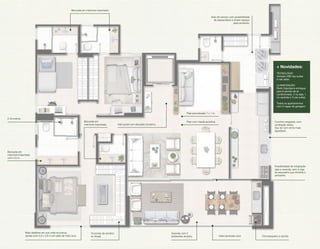 Piso porcelanato 1 x 1 m. 
Piso com manta acústica. 
Hall social com elevador privativo. 
Mais detalhes em sua vista exclusiva. 
Janela com 2,5 x 2,8 m em pele de vidro azul. 
10 portas de armário 
Varanda com 2 
no closet. ambientes amplos. 
Vidro laminado azul. Churrasqueira a carvão. 
2 chuveiros. 
Cozinha integrada, com 
ventilação direta. 
Seu lar com clima mais 
agradável. 
Bancada em mármore importado. 
Bancada em 
mármore importado 
com 2,5 m. 
Bancada em 
mármore importado. 
Possibilidade de integração 
sala e varanda, sem a viga 
da esquadria que dividiria o 
ambiente. 
Área de serviço com possibilidade 
de passanderia e amplo espaço 
para armários. 
+ Novidades: 
TECNOLOGIA: 
tomada USB nas suítes 
e nas salas. 
CLIMATIZAÇÃO: 
Rede frigorígena entregue 
para 6 pontos de ar-condicionado. 
2 na sala, 1 
na varanda e 3 nas suítes. 
Todos os apartamentos 
com 3 vagas de garagem. 
