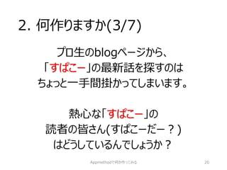 2. 何作りますか(3/7) 
プロ生のblogページから、 
「すぱこー」の最新話を探すのは 
ちょっと一手間掛かってしまいます。 
熱心な「すぱこー」の 
読者の皆さん(すぱこーだー？) 
はどうしているんでしょうか？ 
Appmethodで何か作ってみる 20 
 