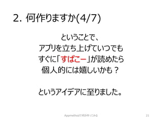 2. 何作りますか(4/7) 
ということで、 
アプリを立ち上げていつでも 
すぐに「すぱこー」が読めたら 
個人的には嬉しいかも？ 
というアイデアに至りました。 
Appmethodで何か作ってみる 21 
 