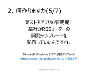 2. 何作りますか(5/7) 
某ストアアプリの黎明期に 
某社がRSSリーダーの 
開発テンプレートを 
配布していたんですね。 
Microsoft Windows 8 アプリ開発テンプレート 
http://msdn.microsoft.com/ja-jp/jj556277 
Appmethodで何か作ってみる 22 
 