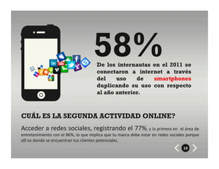 58%De los internautas en el 2011 se
                                                           conectaron a internet a través
                                                           del    uso    de   smartphones
                                                           duplicando su uso con respecto
                                                           al año anterior.



CUÁL ES LA SEGUNDA ACTIVIDAD ONLINE?
Acceder	
   a	
   redes	
   sociales,	
   registrando	
   el	
   77%,	
  y	
  la	
  primera	
  en	
  	
  el	
  área	
  de	
  
entretenimiento	
  con	
  el	
  86%,	
  lo	
  que	
  implica	
  que	
  tu	
  marca	
  debe	
  estar	
  en	
  redes	
  sociales	
  porque	
  
allí	
  es	
  donde	
  se	
  encuentran	
  tus	
  clientes	
  potenciales.	
  
                                                                                                                              19
 