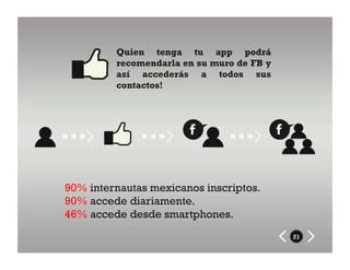 Quien tenga tu app podrá
         recomendarla en su muro de FB y
         así accederás a todos sus
         contactos!




90% internautas mexicanos inscriptos.
90% accede diariamente.
46% accede desde smartphones.
                                           21
 