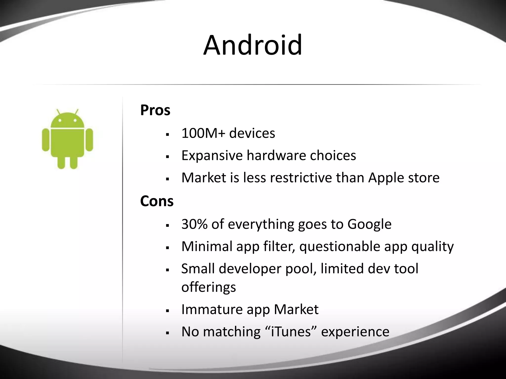 40% of developer poolWeb71 Minutes/day for Smartphones web browsing vs. 81 minutes for Smartphone apps