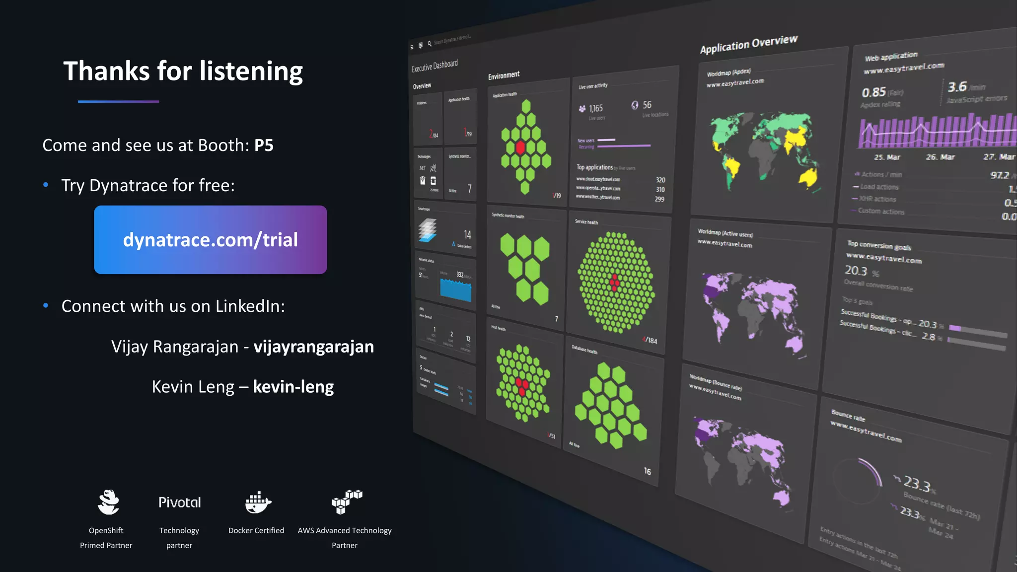 22Confidential
Thanks for listening
Come and see us at Booth: P5
• Try Dynatrace for free:
• Connect with us on LinkedIn:
Vijay Rangarajan - vijayrangarajan
Kevin Leng – kevin-leng
dynatrace.com/trial
OpenShift
Primed Partner
AWS Advanced Technology
Partner
Technology
partner
Docker Certified
 
