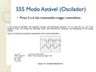 555 Modo Astável (Oscilador)


Pinos 2 e 6 são conectados: trigger automático.

 