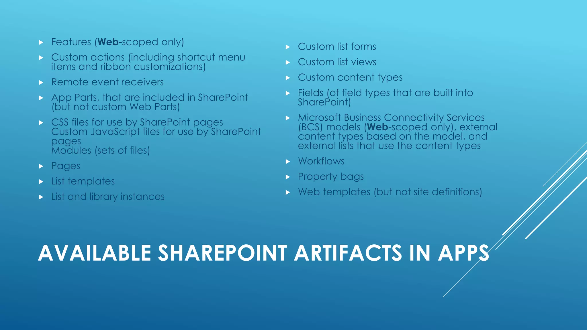 AVAILABLE SHAREPOINT ARTIFACTS IN APPS
 Features (Web-scoped only)
 Custom actions (including shortcut menu
items and ribbon customizations)
 Remote event receivers
 App Parts, that are included in SharePoint
(but not custom Web Parts)
 CSS files for use by SharePoint pages
Custom JavaScript files for use by SharePoint
pages
Modules (sets of files)
 Pages
 List templates
 List and library instances
 Custom list forms
 Custom list views
 Custom content types
 Fields (of field types that are built into
SharePoint)
 Microsoft Business Connectivity Services
(BCS) models (Web-scoped only), external
content types based on the model, and
external lists that use the content types
 Workflows
 Property bags
 Web templates (but not site definitions)
 