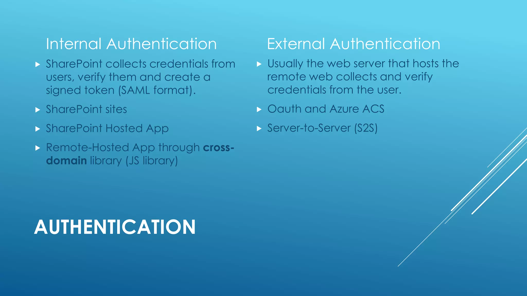 AUTHENTICATION
Internal Authentication
 SharePoint collects credentials from
users, verify them and create a
signed token (SAML format).
 SharePoint sites
 SharePoint Hosted App
 Remote-Hosted App through cross-
domain library (JS library)
External Authentication
 Usually the web server that hosts the
remote web collects and verify
credentials from the user.
 Oauth and Azure ACS
 Server-to-Server (S2S)
 