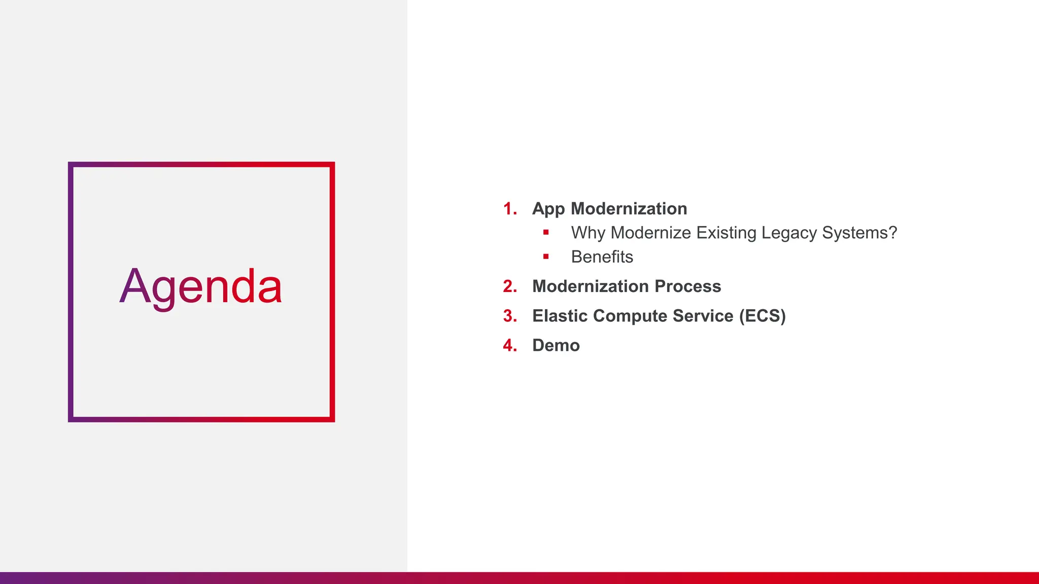 1. App Modernization
 Why Modernize Existing Legacy Systems?
 Benefits
2. Modernization Process
3. Elastic Compute Service (ECS)
4. Demo
 