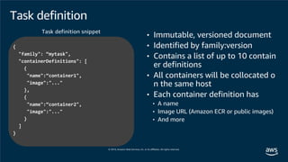 {
"family": “mytask",
"containerDefinitions": [
{
"name":“container1",
"image":"..."
},
{
"name":“container2",
"image":"..."
}
]
}
Task definition snippet
Task definition
• Immutable, versioned document
• Identified by family:version
• Contains a list of up to 10 contain
er definitions
• All containers will be collocated o
n the same host
• Each container definition has
• A name
• Image URL (Amazon ECR or public images)
• And more
 