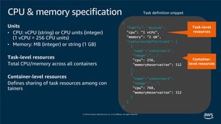 CPU & memory specification
Units
• CPU: vCPU (string) or CPU units (integer)
(1 vCPU = 256 CPU units)
• Memory: MB (integer) or string (1 GB)
Task-level resources
Total CPU/memory across all containers
Container-level resources
Defines sharing of task resources among con
tainers
{
"family": "mytask",
"cpu": "1 vCPU",
"memory": "2 GB",
"containerDefinitions": [
{
"name":“container1",
"image":"...“,
"cpu": 256,
"memoryReservation": 512
},
{
"name":“container2",
"image":"...",
"cpu": 768,
"memoryReservation": 512
}
]
}
Task-level
resources
Container-
level resources
Task definition snippet
 