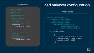 Load balancer configuration{
"family": "mytask",
"cpu": "1 vCPU",
"memory": "2 gb",
"networkMode": “awsvpc“,
"containerDefinitions": [
{
"name":“container1",
"image":"...",
"cpu": 256,
"memoryReservation": 512,
"portMappings": [
{ "containerPort": 8080 }
]
},
{
"name":“container2",
"image":"...",
"cpu": 768,
"memoryReservation": 512,
"portMappings": [
{ "containerPort": 5000 }
]
}
]
}
$ aws ecs create-service ...
-- task-definition mytask:1
--launch-type "FARGATE"
-- network-configuration
“awsvpcConfiguration = {
subnets=[subnet-id],
securityGroups=[sg-id]
}”
-- load-balancers
“[
{
"targetGroupArn": “<insert arn>",
"containerName": “container1",
"containerPort": 8080
}
]”
Create service
Task definition
 
