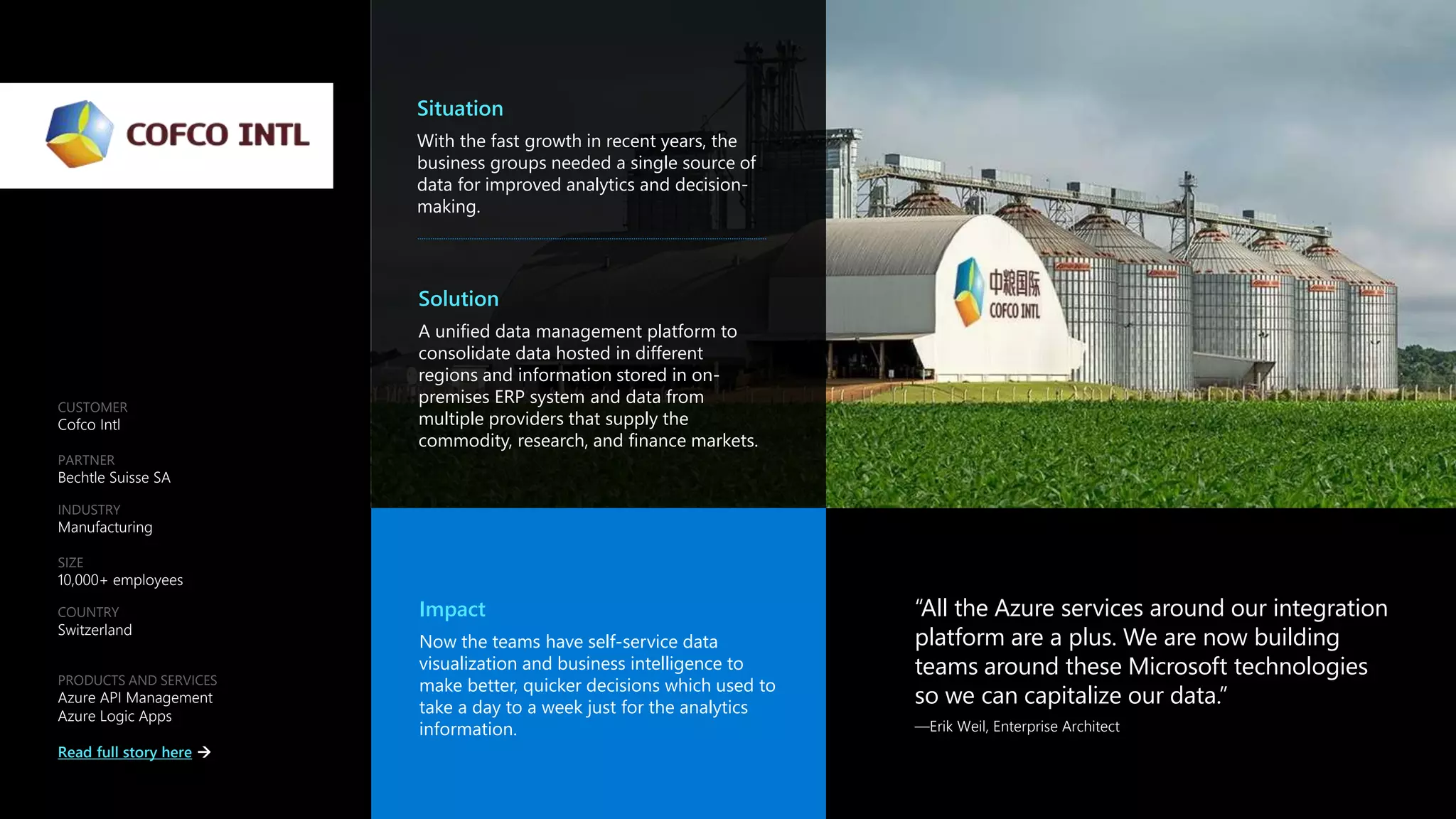 Case Study
“All the Azure services around our integration
platform are a plus. We are now building
teams around these Microsoft technologies
so we can capitalize our data.”
—Erik Weil, Enterprise Architect
CUSTOMER
Cofco Intl
PARTNER
Bechtle Suisse SA
INDUSTRY
Manufacturing
SIZE
10,000+ employees
COUNTRY
Switzerland
PRODUCTS AND SERVICES
Azure API Management
Azure Logic Apps
Read full story here 
Situation
With the fast growth in recent years, the
business groups needed a single source of
data for improved analytics and decision-
making.
Solution
A unified data management platform to
consolidate data hosted in different
regions and information stored in on-
premises ERP system and data from
multiple providers that supply the
commodity, research, and finance markets.
Impact
Now the teams have self-service data
visualization and business intelligence to
make better, quicker decisions which used to
take a day to a week just for the analytics
information.
 