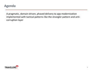 Agenda
2
A pragmatic, domain-driven, phased delivery to app modernization
implemented with tactical patterns like the stra...