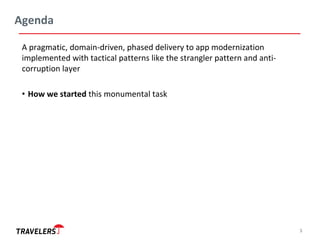 Agenda
3
A pragmatic, domain-driven, phased delivery to app modernization
implemented with tactical patterns like the stra...