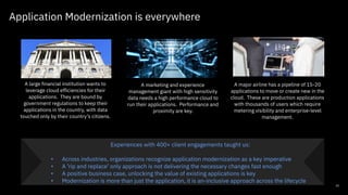 Application Modernization is everywhere
A large financial institution wants to
leverage cloud efficiencies for their
applications. They are bound by
government regulations to keep their
applications in the country, with data
touched only by their country’s citizens.
A marketing and experience
management giant with high sensitivity
data needs a high performance cloud to
run their applications. Performance and
proximity are key.
A major airline has a pipeline of 15-20
applications to move or create new in the
cloud. These are production applications
with thousands of users which require
metering visibility and enterprise-level
management.
Experiences with 400+ client engagements taught us:
• Across industries, organizations recognize application modernization as a key imperative
• A ’rip and replace’ only approach is not delivering the necessary changes fast enough
• A positive business case, unlocking the value of existing applications is key
• Modernization is more than just the application, it is an-inclusive approach across the lifecycle
61
 