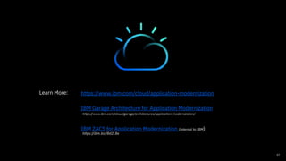 Think 2018 / DOC ID / Month XX, 2018 / © 2018 IBM Corporation
63
s
Learn More:
IBM Garage Architecture for Application Modernization
IBM ZACS for Application Modernization (internal to IBM)
https://ibm.biz/Bd2L8e
https://www.ibm.com/cloud/garage/architectures/application-modernization/
https://www.ibm.com/cloud/application-modernization
 