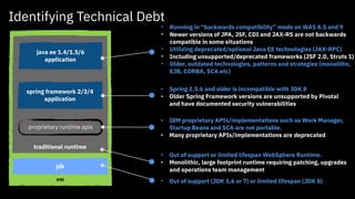 vm
Identifying Technical Debt
• Out of support (JDK 5,6 or 7) or limited lifespan (JDK 8)
• IBM proprietary APIs/implement...