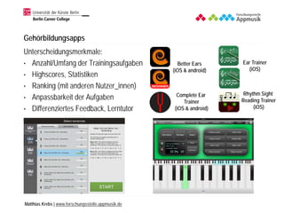 Matthias Krebs | www.forschungsstelle.appmusik.de
Übebegleiter: Chromatic Tuner and Metronome (iOS & android)
• Intonation...