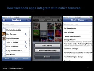 how facebook apps integrate with native features




Source : Facebook iPhone App                             9
 