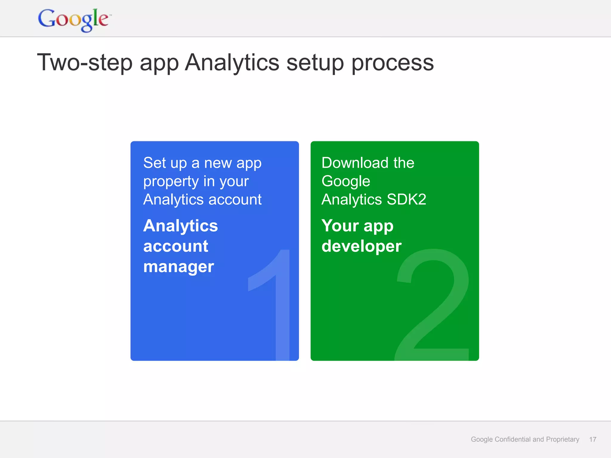 Two-step app Analytics setup process



         Set up a new app    Download the
         property in your    Google
         Analytics account   Analytics SDK2
         Analytics           Your app
         account             developer
         manager




                                              Google Confidential and Proprietary   17
 