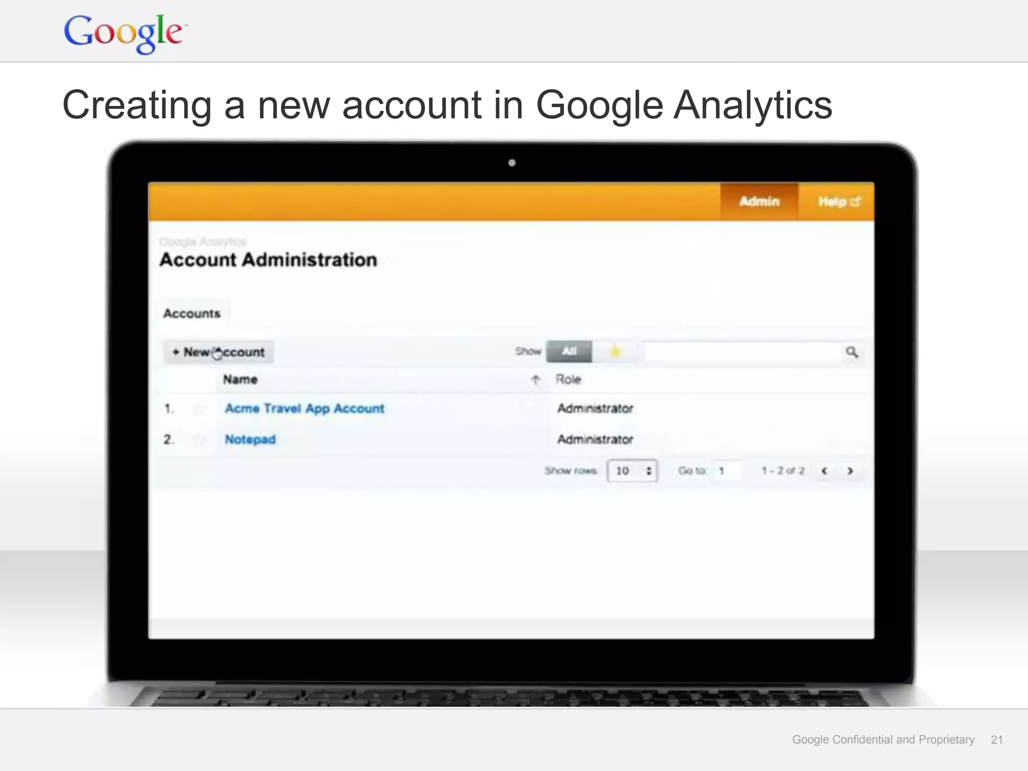 Creating a new account in Google Analytics




                                       Google Confidential and Proprietary   21
 