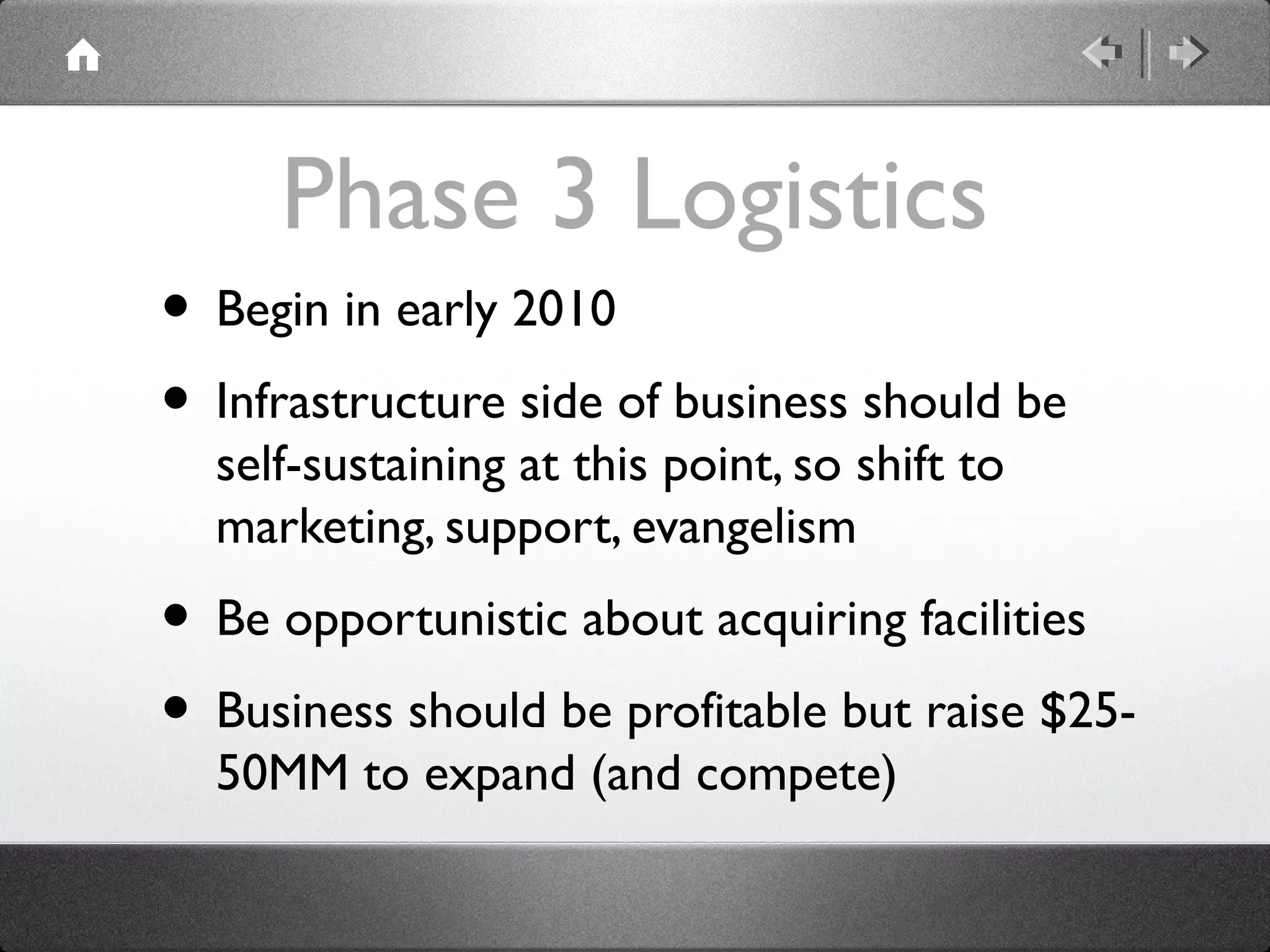 Phase 3 Logistics
• Begin in early 2010
• Infrastructure side of business should be
self-sustaining at this point, so shift to
marketing, support, evangelism
• Be opportunistic about acquiring facilities
• Business should be profitable but raise $25-
50MM to expand (and compete)
 