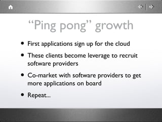 “Ping pong” growth
• First applications sign up for the cloud
• These clients become leverage to recruit
software providers
• Co-market with software providers to get
more applications on board
• Repeat...
 