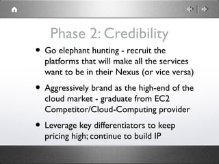Phase 2: Credibility
• Go elephant hunting - recruit the
platforms that will make all the services
want to be in their Nex...