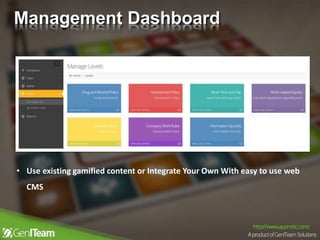 • Use existing gamified content or Integrate Your Own With easy to use web
CMS
Management Dashboard
 