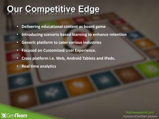 Our Competitive Edge
• Delivering educational content as board game
• Introducing scenario based learning to enhance retention
• Generic platform to cater various industries
• Focused on Customized User Experience.
• Cross platform i.e. Web, Android Tablets and iPads.
• Real time analytics
 