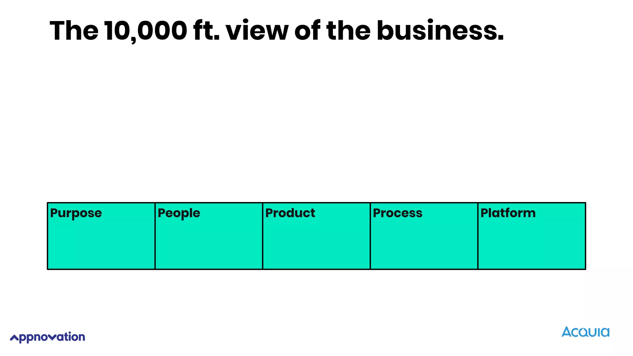 Purpose People Product Process Platform
The 10,000 ft. view of the business.
 