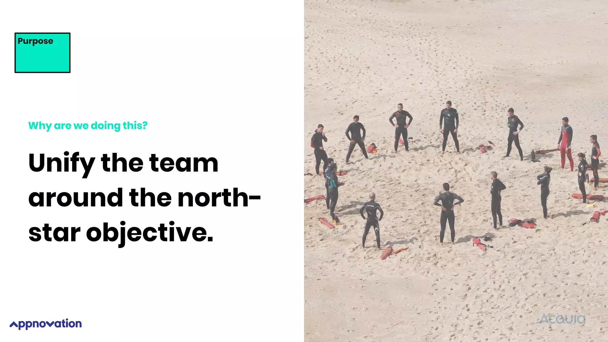 Purpose
Unify the team
around the north-
star objective.
Why are we doing this?
 