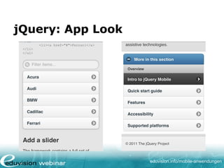 eduvision.de/mobile-anwendungen
Alternative:
Responsive Webdesign
Design passt sich an das jeweilige Gerät an:
• Frontend: auf Basis eines Media-Attributs
oder
• Backend: auf Basis von Geräte-Datenbank
(WURFL; wurfl.sourceforge.net)
 