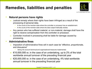 TM
© IT Governance Ltd 2017
Copyright IT Governance Ltd 2017 – v1.0
Remedies, liabilities and penalties
• Natural persons have rights
– Judicial remedy where their rights have been infringed as a result of the
processing of personal data.
º In the courts of the member state where the controller or processor has an establishment.
º In the courts of the member state where the data subject habitually resides.
– Any person who has suffered material, or non-material, damage shall have the
right to receive compensation from the controller or processor.
– Controller involved in processing shall be liable for damage caused by
processing.
• Administrative fines
– Imposition of administrative fines will in each case be “effective, proportionate,
and dissuasive”
º taking into account technical and organisational measures implemented.
– €10,000,000 or, in the case of an undertaking, up to 2% of the total
worldwide annual turnover of the preceding financial year
– €20,000,000 or, in the case of an undertaking, 4% total worldwide
annual turnover in the preceding financial year
 