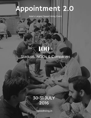 Appointment 2.0
Asia’s Largest Speed Hiring Event
Speedhiring.in
Startups, NGOs & Companies
100+
30-31 JULY
2016
 