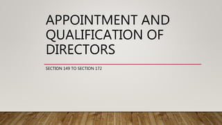 APPOINTMENT AND
QUALIFICATION OF
DIRECTORS
SECTION 149 TO SECTION 172
 