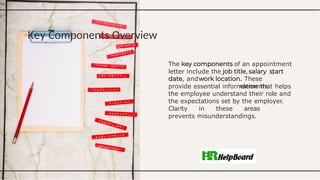Key Components Overview
of an appointment
The
letter include the
, and
, ,
. These
elements
provide essential information that helps
the employee understand their role and
the expectations set by the employer.
Clarity in these areas
prevents misunderstandings.
 