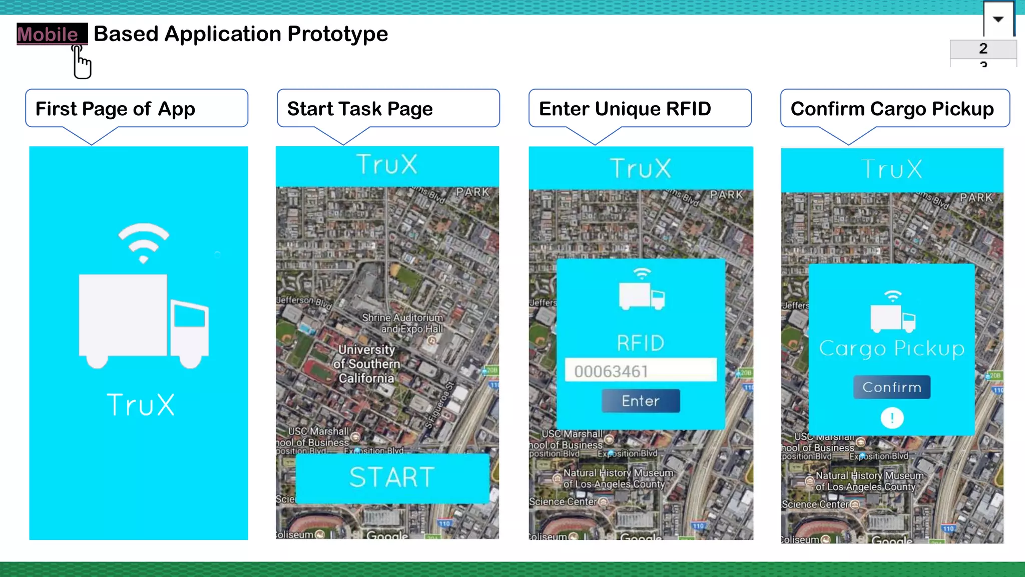 Mobile Based Application Prototype
First Page of App Start Task Page Enter Unique RFID Confirm Cargo Pickup
 