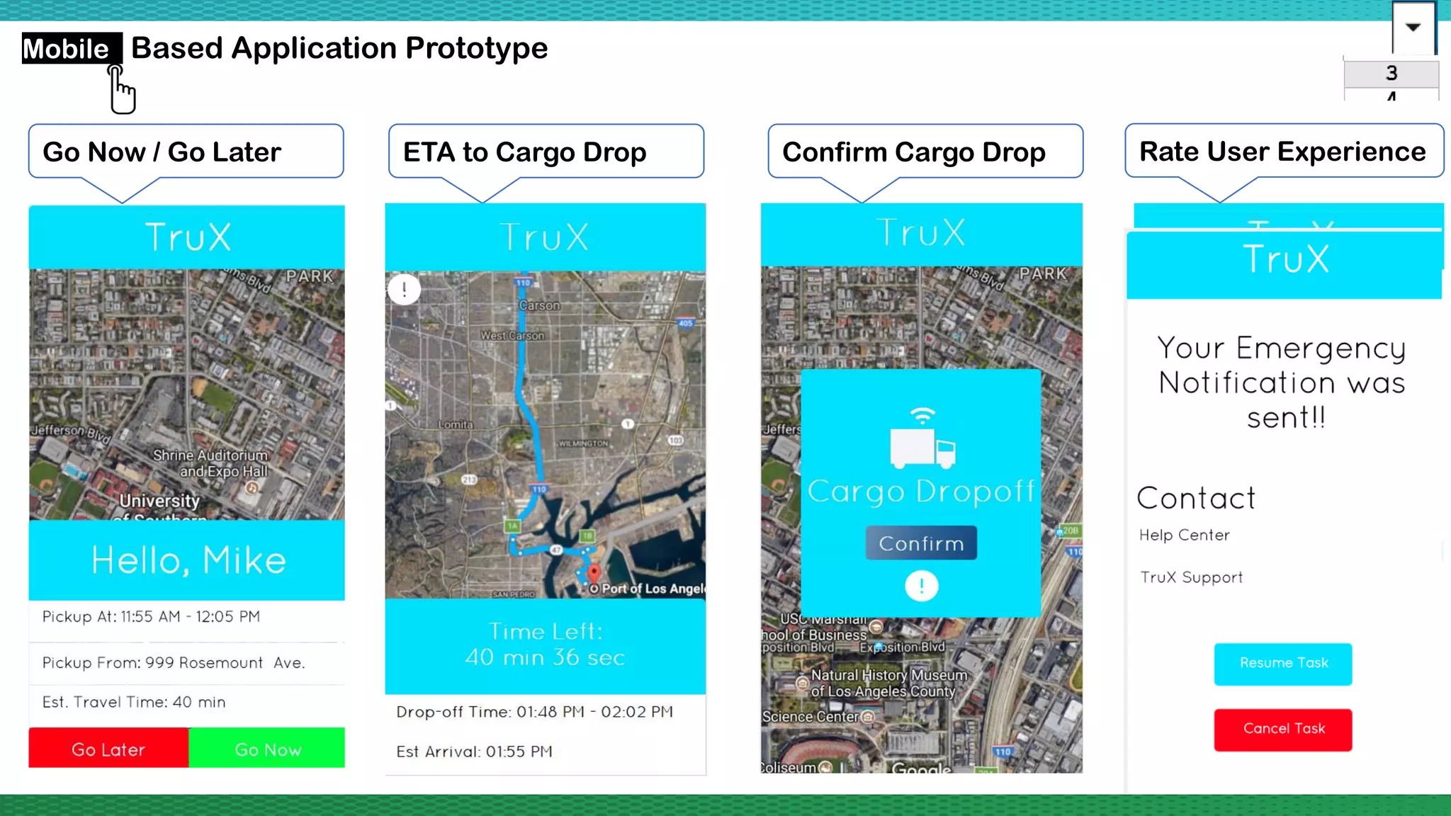 Mobile Based Application Prototype
Go Now / Go Later ETA to Cargo Drop Confirm Cargo Drop Rate User Experience
 