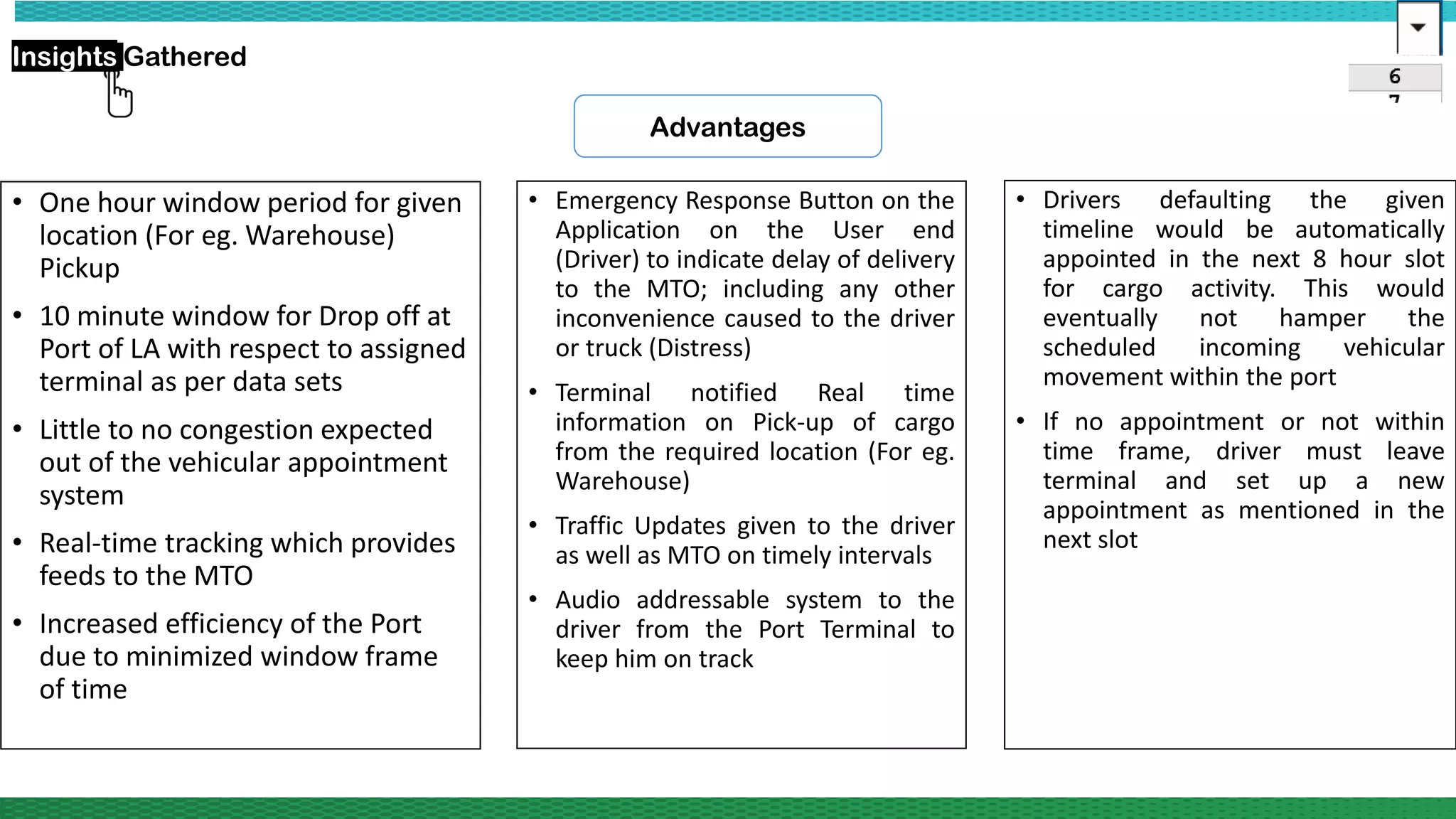 Advantages
Insights Gathered
• One hour window period for given
location (For eg. Warehouse)
Pickup
• 10 minute window for Drop off at
Port of LA with respect to assigned
terminal as per data sets
• Little to no congestion expected
out of the vehicular appointment
system
• Real-time tracking which provides
feeds to the MTO
• Increased efficiency of the Port
due to minimized window frame
of time
• Emergency Response Button on the
Application on the User end
(Driver) to indicate delay of delivery
to the MTO; including any other
inconvenience caused to the driver
or truck (Distress)
• Terminal notified Real time
information on Pick-up of cargo
from the required location (For eg.
Warehouse)
• Traffic Updates given to the driver
as well as MTO on timely intervals
• Audio addressable system to the
driver from the Port Terminal to
keep him on track
• Drivers defaulting the given
timeline would be automatically
appointed in the next 8 hour slot
for cargo activity. This would
eventually not hamper the
scheduled incoming vehicular
movement within the port
• If no appointment or not within
time frame, driver must leave
terminal and set up a new
appointment as mentioned in the
next slot
 