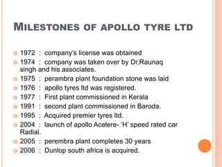 MILESTONES OF APOLLO TYRE LTD
 1972 : company’s license was obtained
 1974 : company was taken over by Dr.Raunaq
singh and his associates.
 1975 : perambra plant foundation stone was laid
 1976 : apollo tyres ltd was registered.
 1977 : First plant commissioned in Kerala
 1991 : second plant commissioned in Baroda.
 1995 : Acquired premier tyres ltd.
 2004 : launch of apollo Acelere- ‘H’ speed rated car
Radial.
 2005 : perembra plant completes 30 years
 2006 : Dunlop south africa is acquired.
 