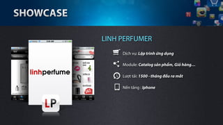 LINH PERFUMER
     Dịch vụ: Lập trình ứng dụng

     Module: Catalog sản phẩm, Giỏ hàng…

     Lượt tải: 1500 - tháng đầu ra mắt

     Nền tảng : Iphone
 