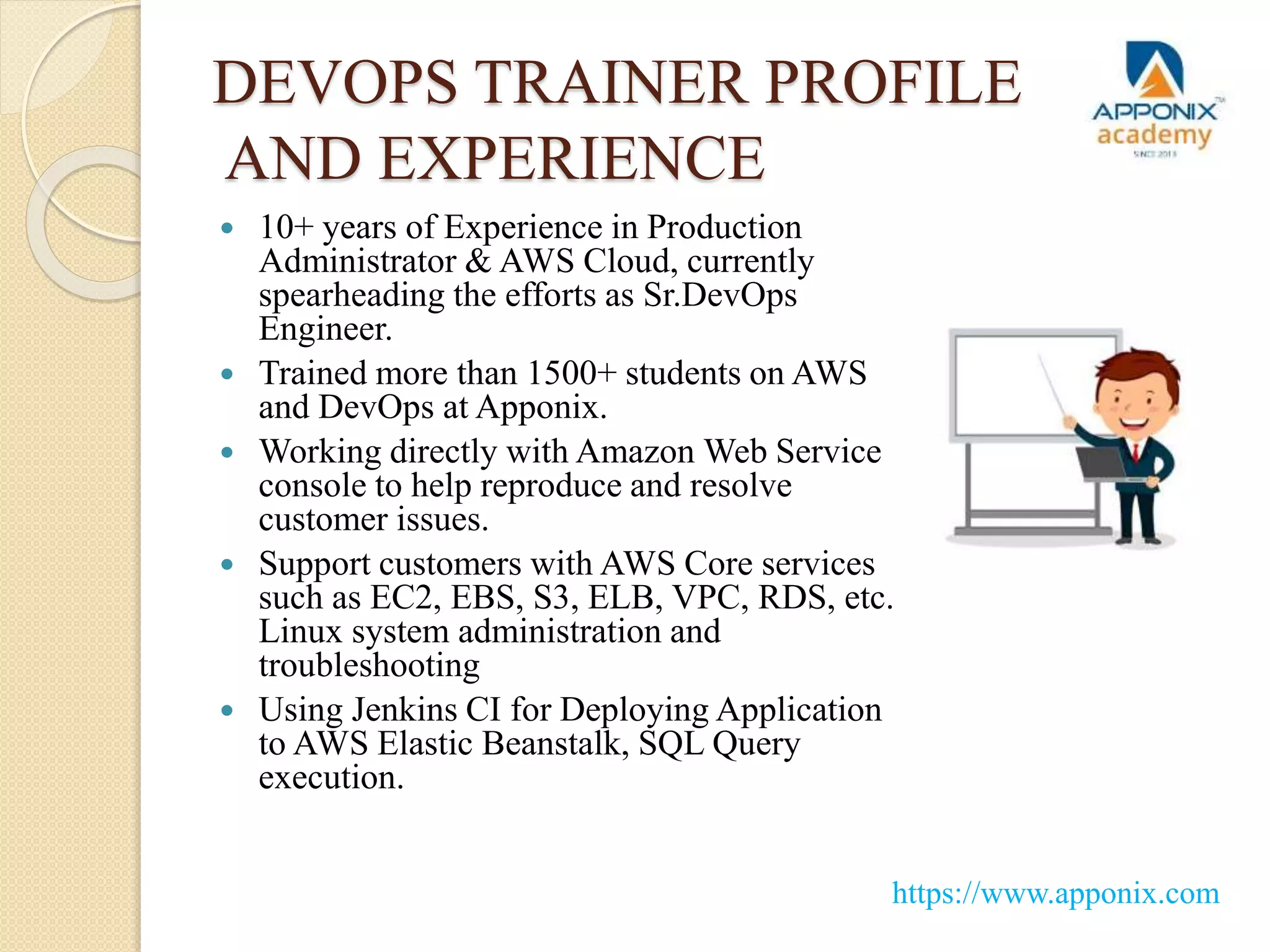 DEVOPS TRAINER PROFILE
AND EXPERIENCE
 10+ years of Experience in Production
Administrator & AWS Cloud, currently
spearheading the efforts as Sr.DevOps
Engineer.
 Trained more than 1500+ students on AWS
and DevOps at Apponix.
 Working directly with Amazon Web Service
console to help reproduce and resolve
customer issues.
 Support customers with AWS Core services
such as EC2, EBS, S3, ELB, VPC, RDS, etc.
Linux system administration and
troubleshooting
 Using Jenkins CI for Deploying Application
to AWS Elastic Beanstalk, SQL Query
execution.
https://www.apponix.com
 