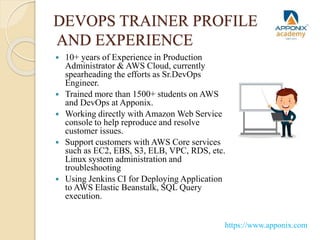 DEVOPS TRAINER PROFILE
AND EXPERIENCE
 10+ years of Experience in Production
Administrator & AWS Cloud, currently
spearheading the efforts as Sr.DevOps
Engineer.
 Trained more than 1500+ students on AWS
and DevOps at Apponix.
 Working directly with Amazon Web Service
console to help reproduce and resolve
customer issues.
 Support customers with AWS Core services
such as EC2, EBS, S3, ELB, VPC, RDS, etc.
Linux system administration and
troubleshooting
 Using Jenkins CI for Deploying Application
to AWS Elastic Beanstalk, SQL Query
execution.
https://www.apponix.com
 