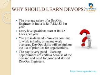 WHY SHOULD LEARN DEVOPS?
 The average salary of a DevOps
Engineer in India is Rs 7,12,453 Per
year
 Entry level positions start at Rs 3.5
Lacks per year
 You are in demand – You can continue
to work in India, or pursue work
overseas, DevOps skills will be high on
the list of priorities for organizations.
 The pay is very good – Earning
opportunities are endless because of the
demand and need for good and skilled
DevOps Engineers.
https://www.apponix.com
 