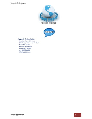 Apponix Technologies
www.apponix.com 3
Apponix Technologies
#306,1st Floor, 46th Cross
10th Main, Sri Ram Mandir Road
Above Riti Jewelry
4th Block RajajiNagar
Bangalore – 560010
+91 -8050580888
info@apponix.com
 